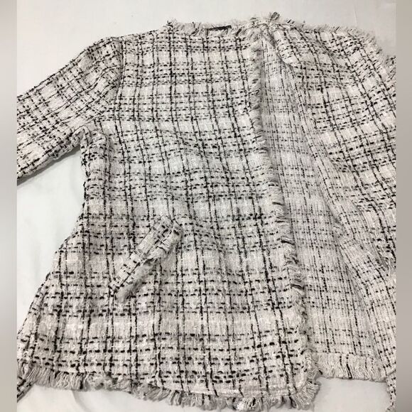 Doe & Rae White Tweed Wrap Coat Blazer Self Tie Belt Fringe New Size Large - Picture 5 of 7